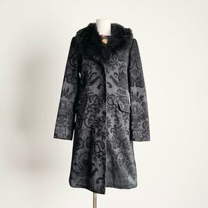 Vintage Y2k Brocade Floral Faux Fur Trim Coat Womens 8